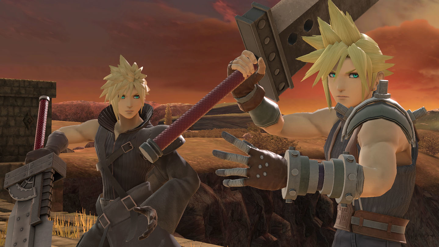 Zwei Anime-Charaktere, Cloud, halten Waffen, in Sonnenuntergang.