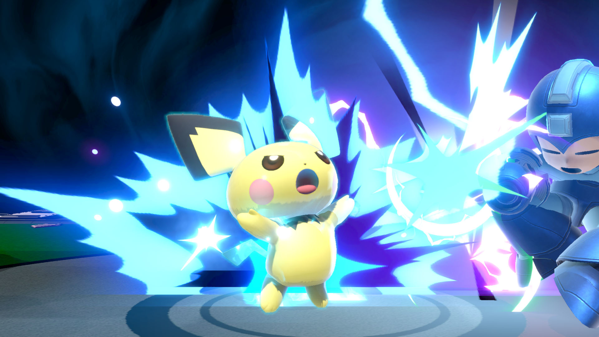 Pikachu mit blauen Elektrizitätseffekten und Mega Man.