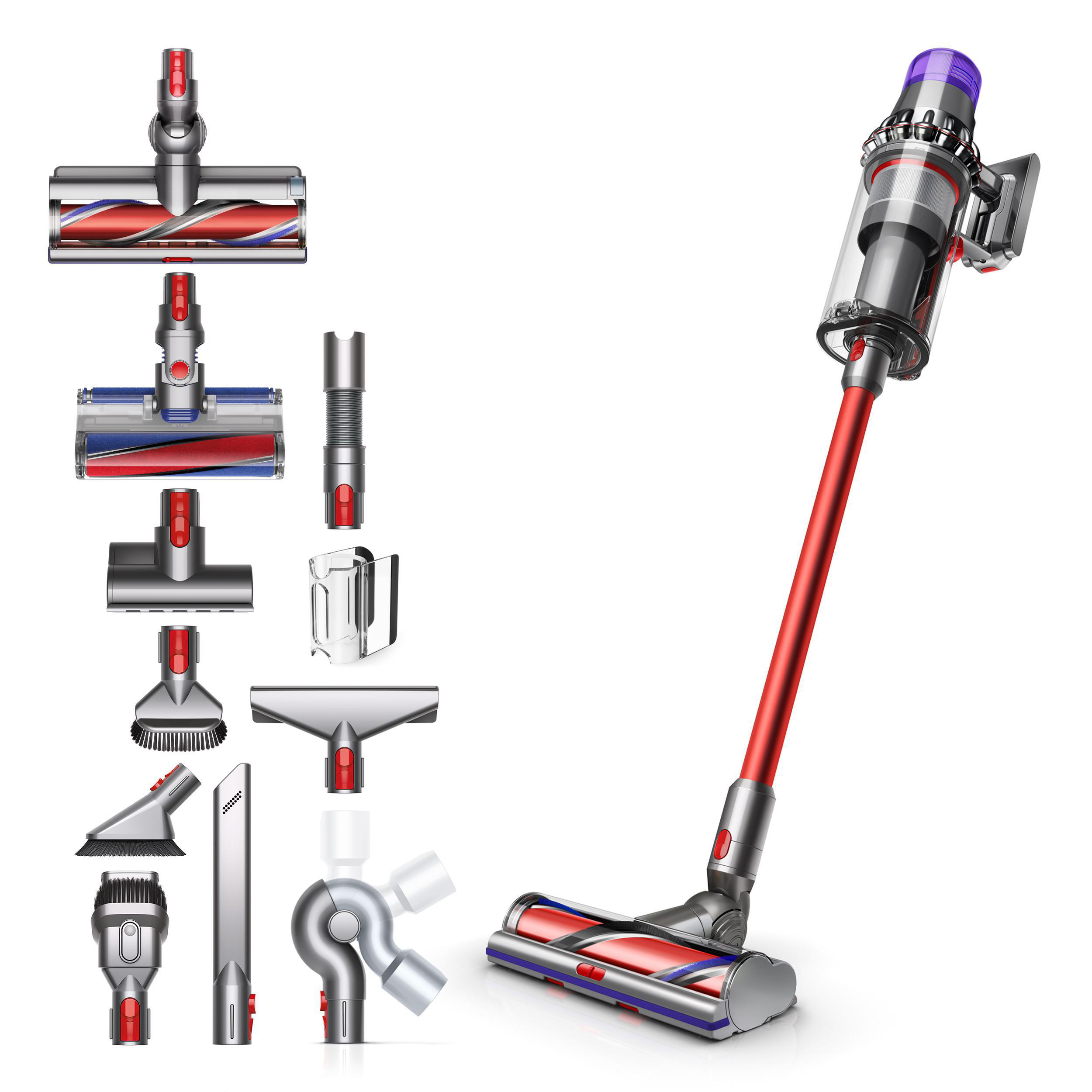 Ein kabelloser Dyson-Staubsauger mit mehreren Aufsätzen wird auf weißem Hintergrund gezeigt. Der Staubsauger ist rot und silber.