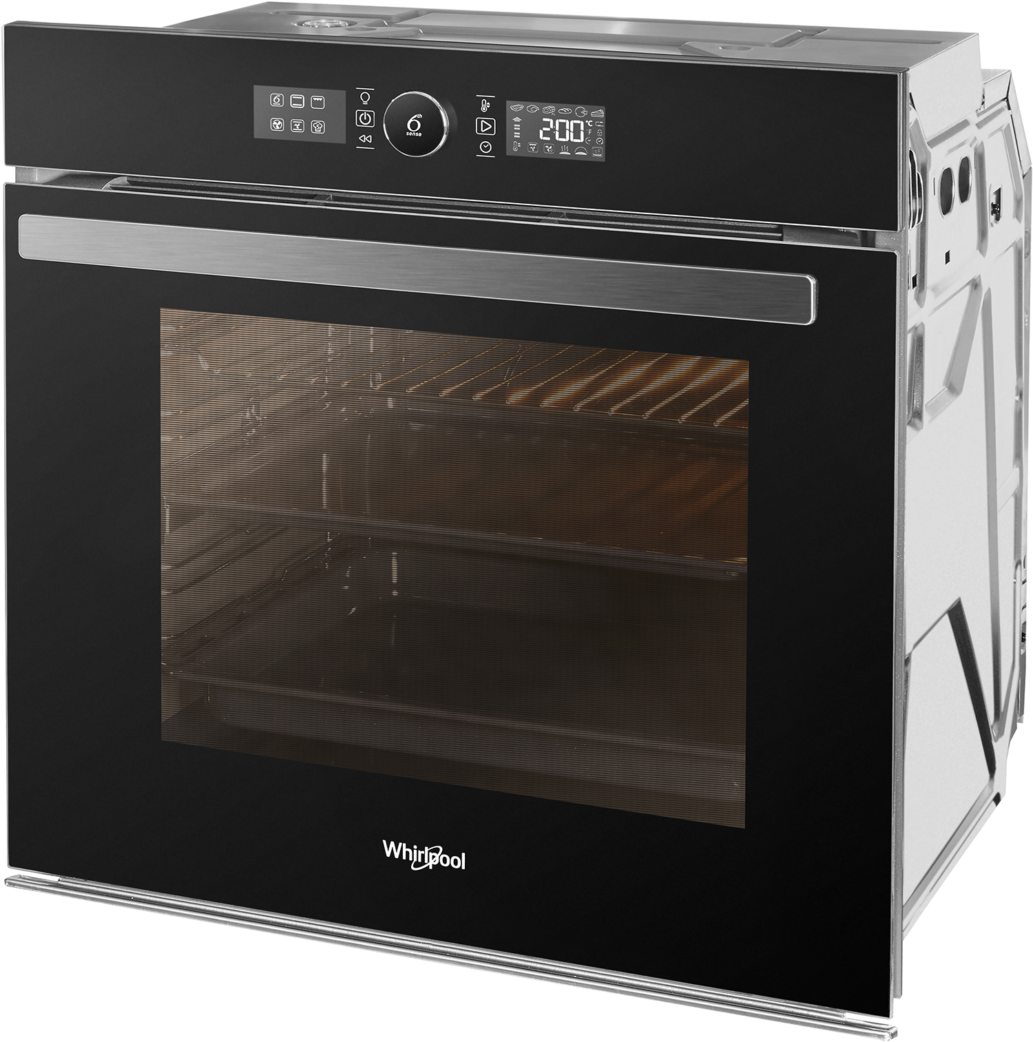 Zwarte Whirlpool inbouwoven met een digitaal display en open deur.