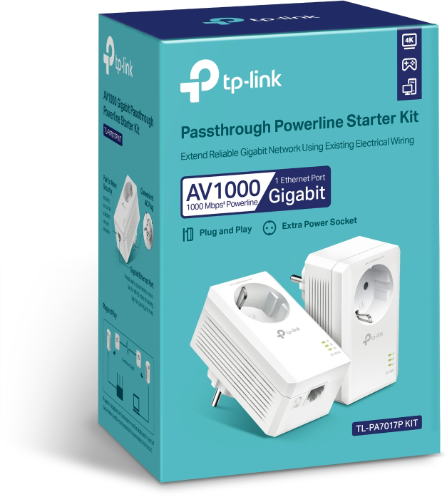 TP-Link powerline adapter készlet doboza. A terméket és a funkciókat mutatja.