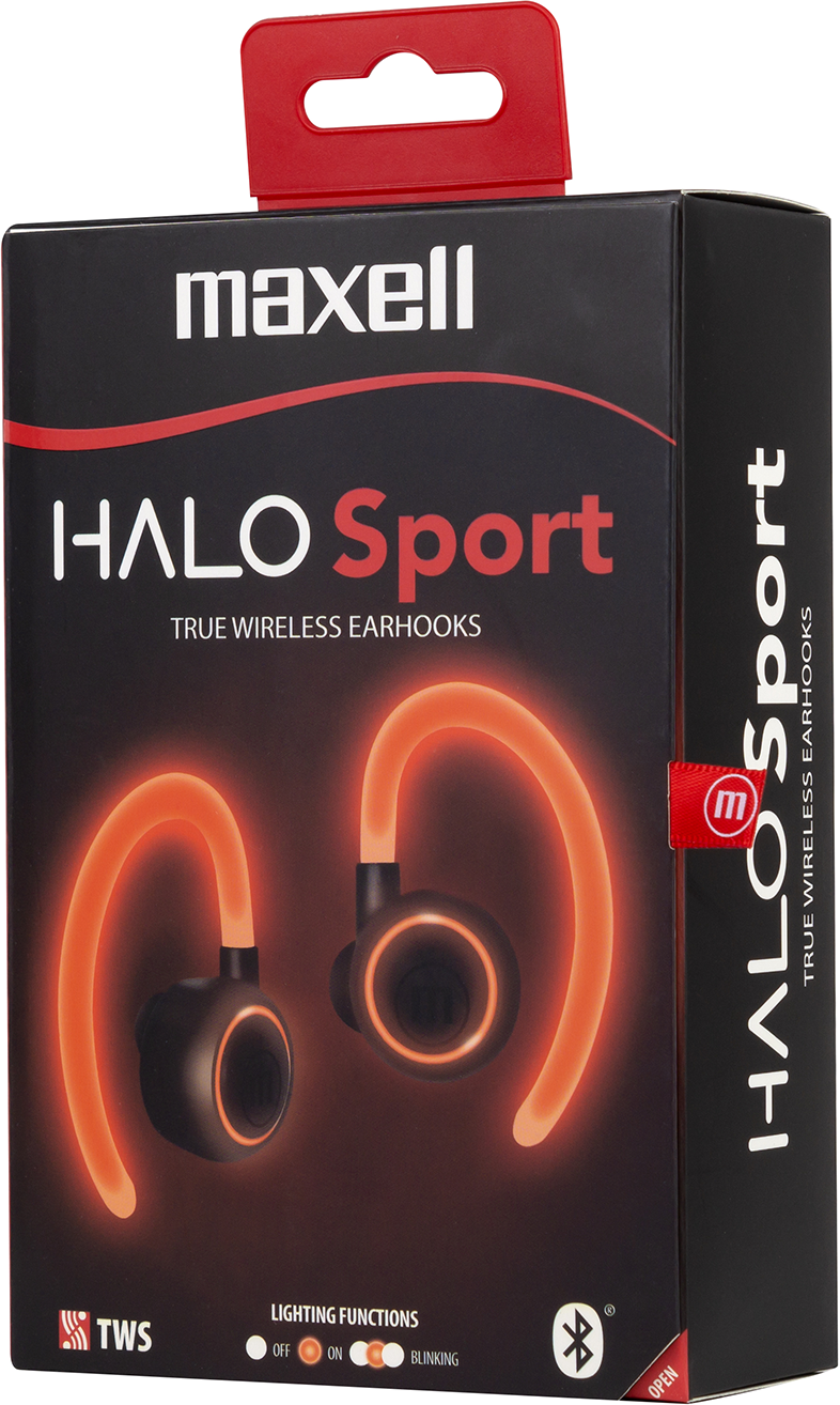 Maxell HALO Sport fülhallgató doboz, narancssárga fülhallgató grafikával.