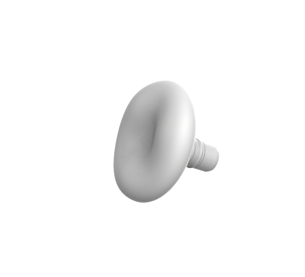 Ein glatter, oval geformter, silberner Türknauf mit kurzem, zylindrischem Stiel auf weißem Hintergrund.