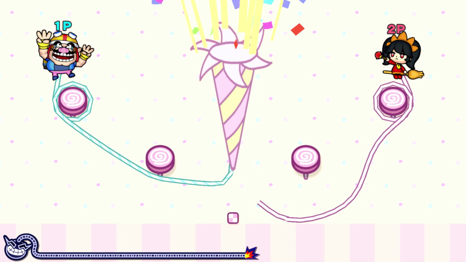 Scène de jeu avec deux personnages de dessin animé et un graphique central avec des confettis.