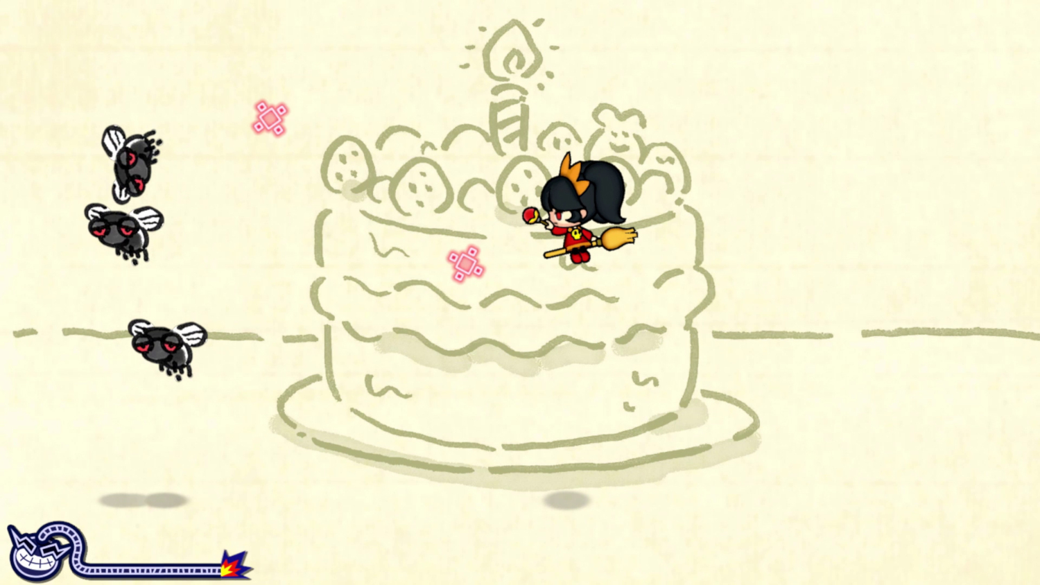 Image de dessin animé d'un gâteau avec une bougie et un personnage volant sur un balai.