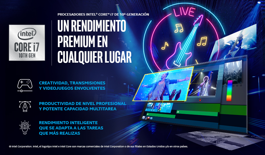 Anuncio con el Intel Core i7. Hay músicos, edición de vídeo y escenas de juegos.