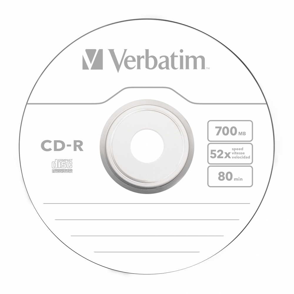 Verbatim CD-R lemez. Fehér, fekete középpel és szöveggel.