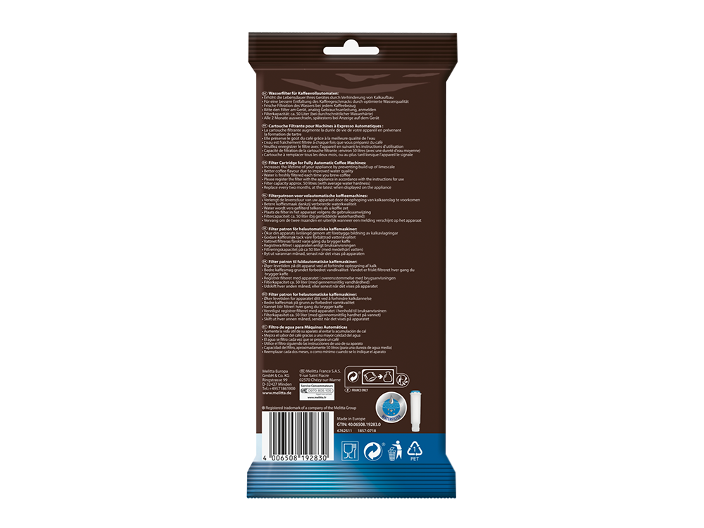 Un paquete de cartuchos de filtro de agua para máquinas de café con texto en varios idiomas.