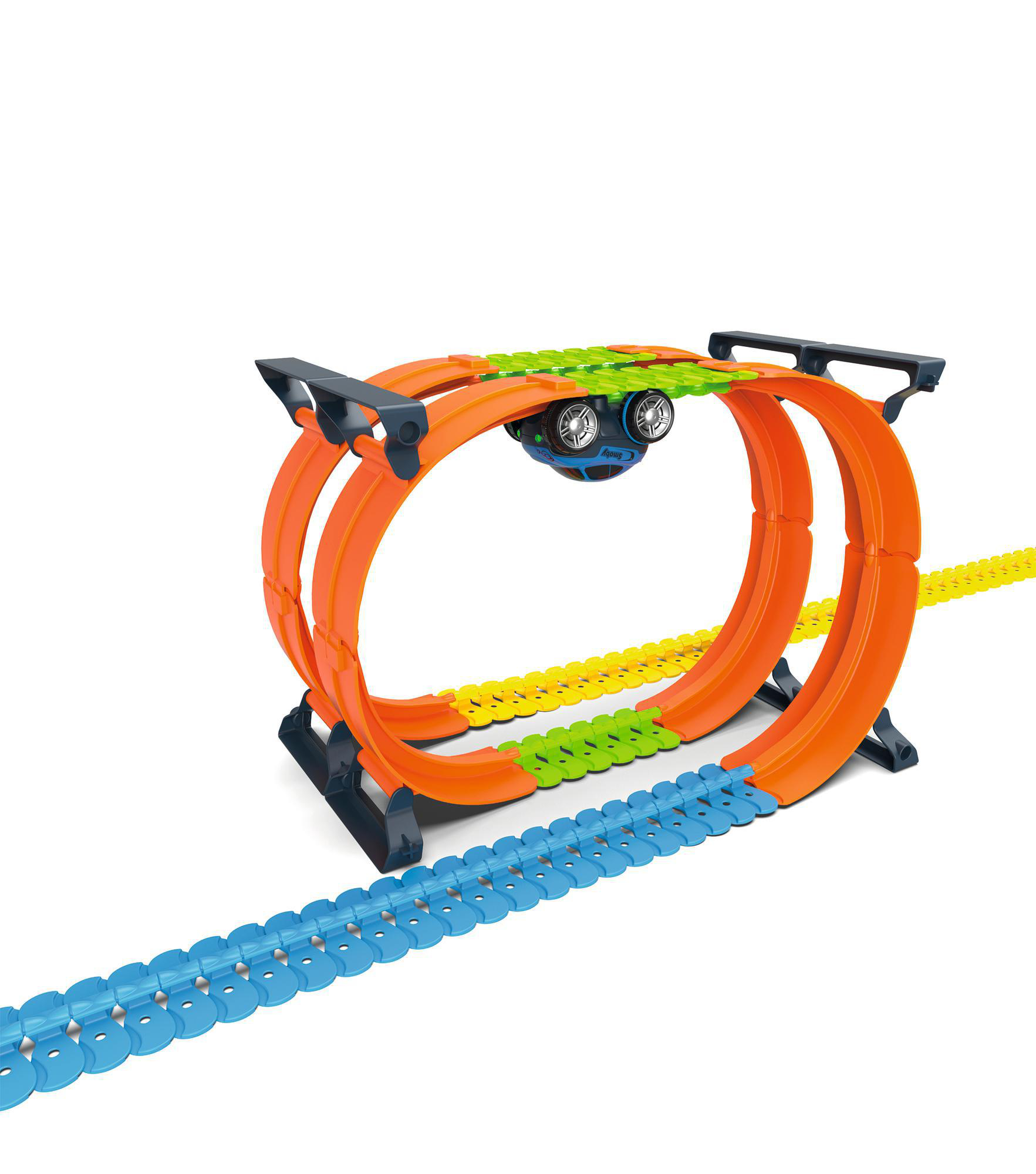 Orangenes und blaues Hot Wheels Streckenset mit Spielzeugauto.