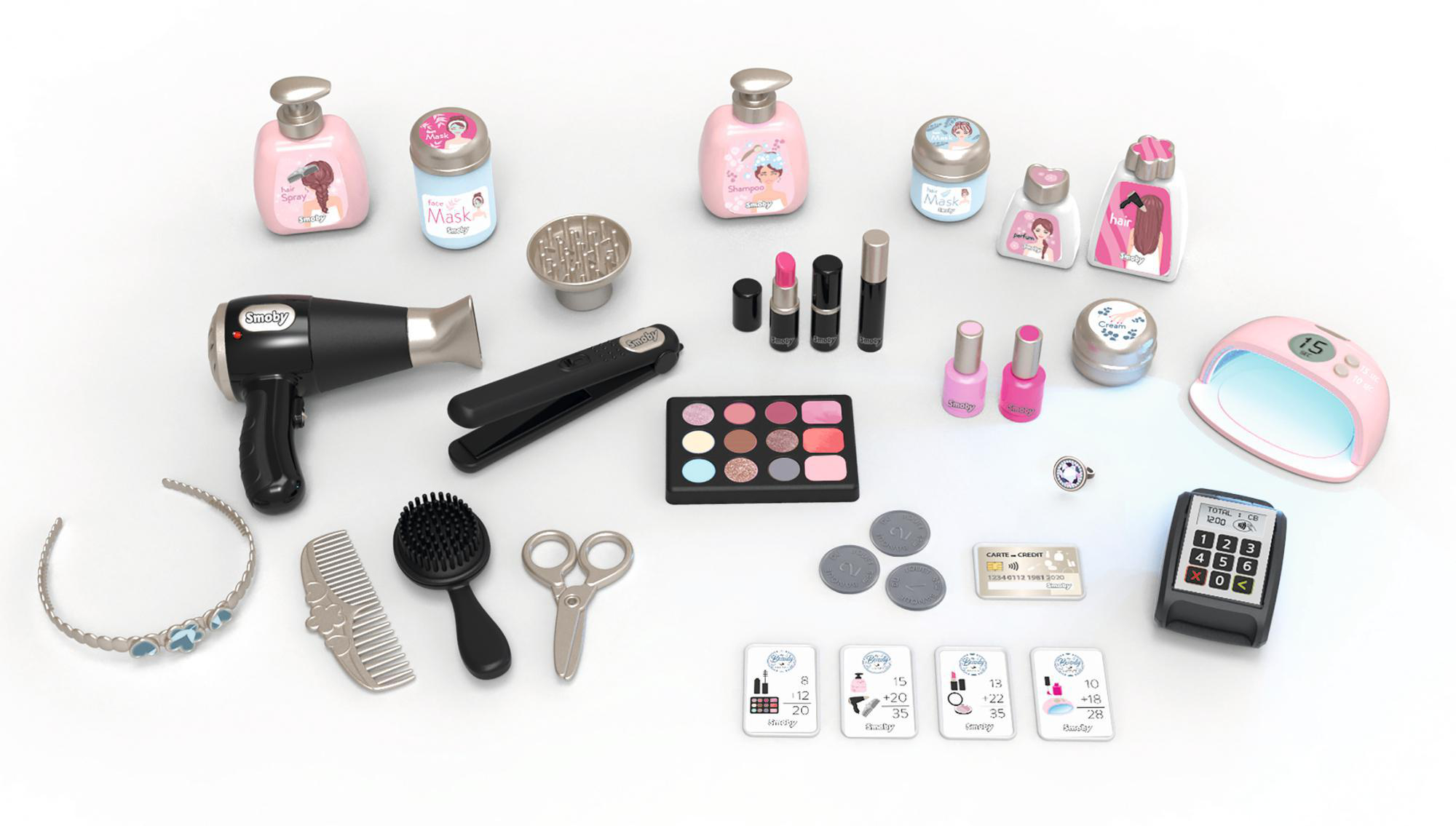 Verschiedene Schönheitsprodukte, einschließlich Make-up, Accessoires und Haartrockner, auf Weiß.