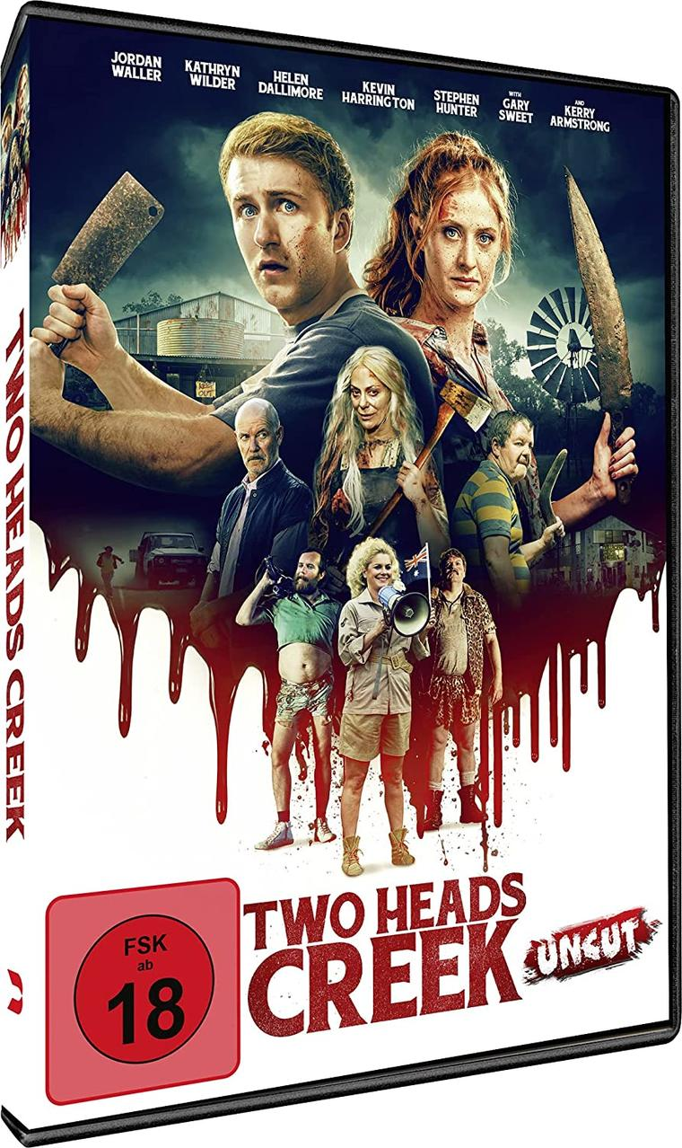 Two Heads Creek DVD-Cover mit Schauspielern, Blut und Titeln. Personen mit Waffen und Titel.