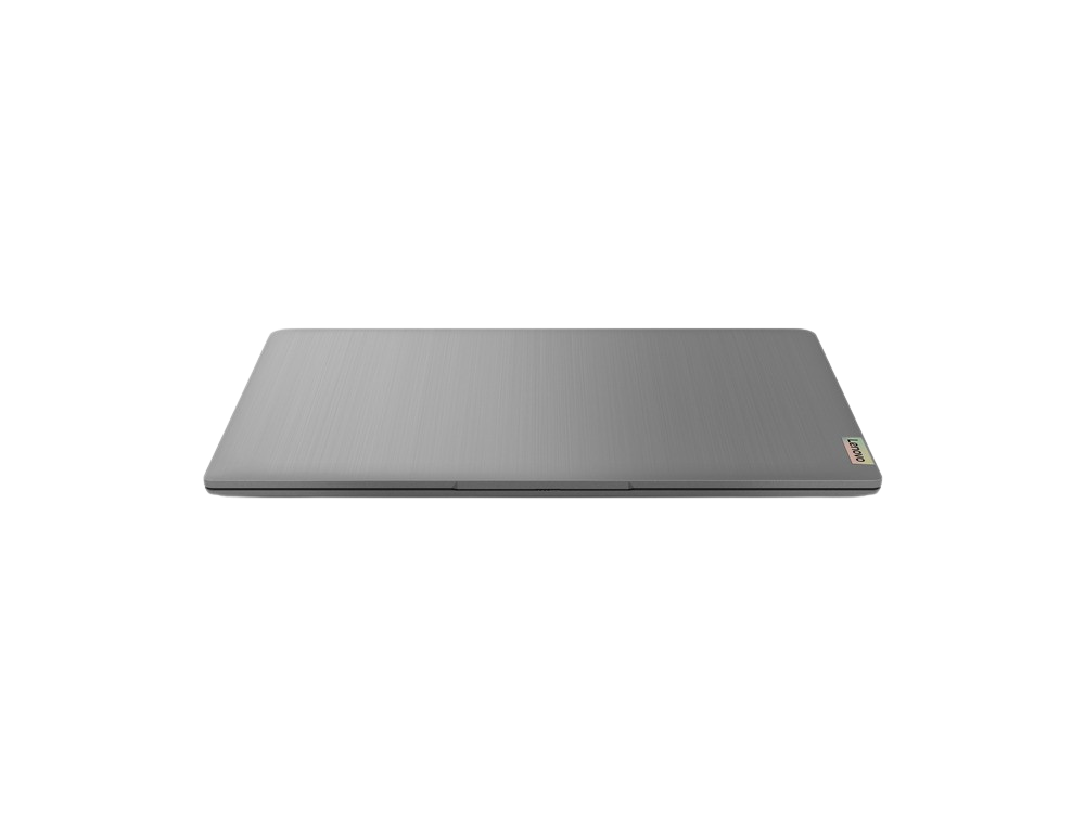Laptop gris cerrado sobre fondo negro. Logotipo Lenovo visible.