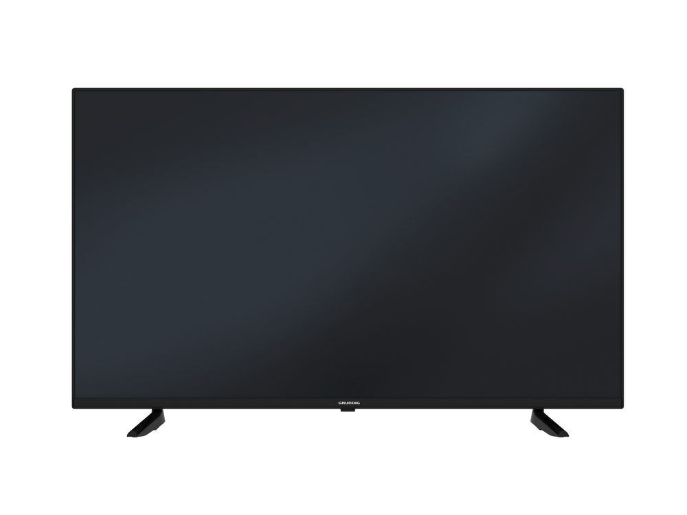 Una pantalla de TV Grundig negra. Está sobre un soporte negro. La pantalla está en blanco.