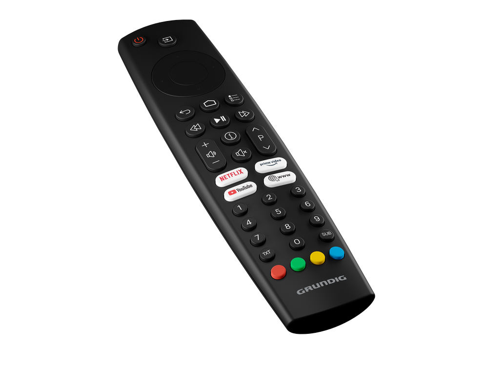 Mando a distancia negro con botones para varias funciones, incluyendo Netflix, YouTube y control de volumen, sobre un fondo negro.