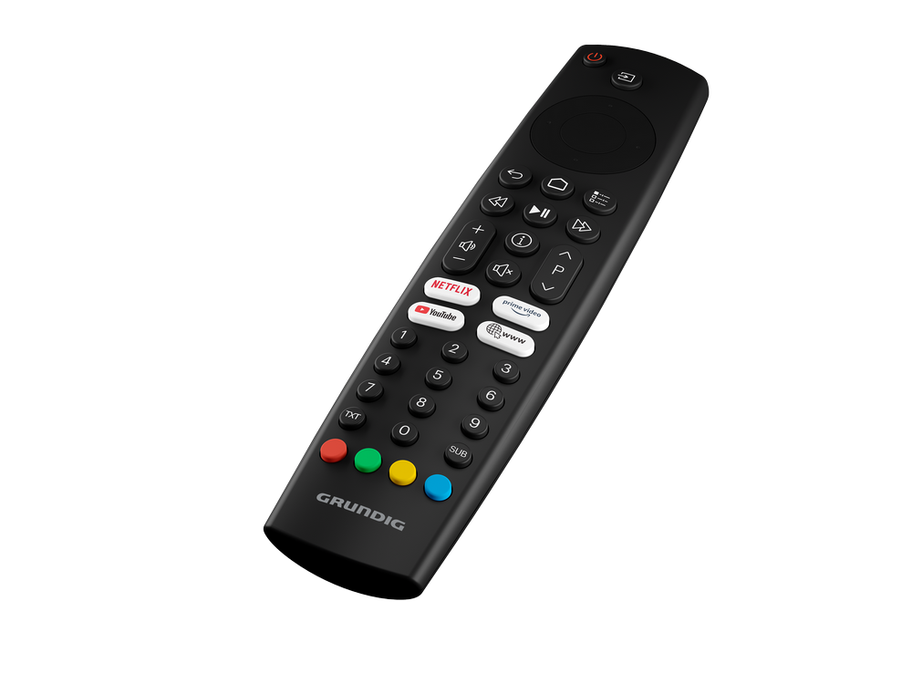 Mando a distancia Grundig negro. Botones incluyen Netflix, YouTube, números y botones coloridos abajo.