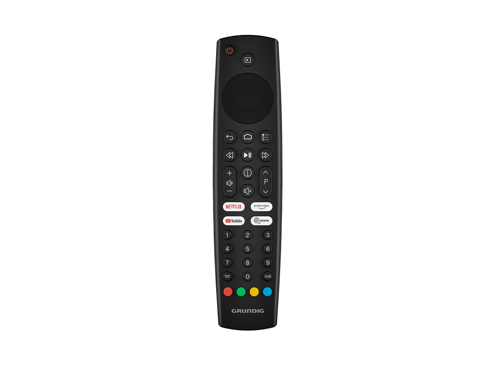 Mando a distancia negro. Tiene muchos botones con etiquetas y un logotipo de Grundig.