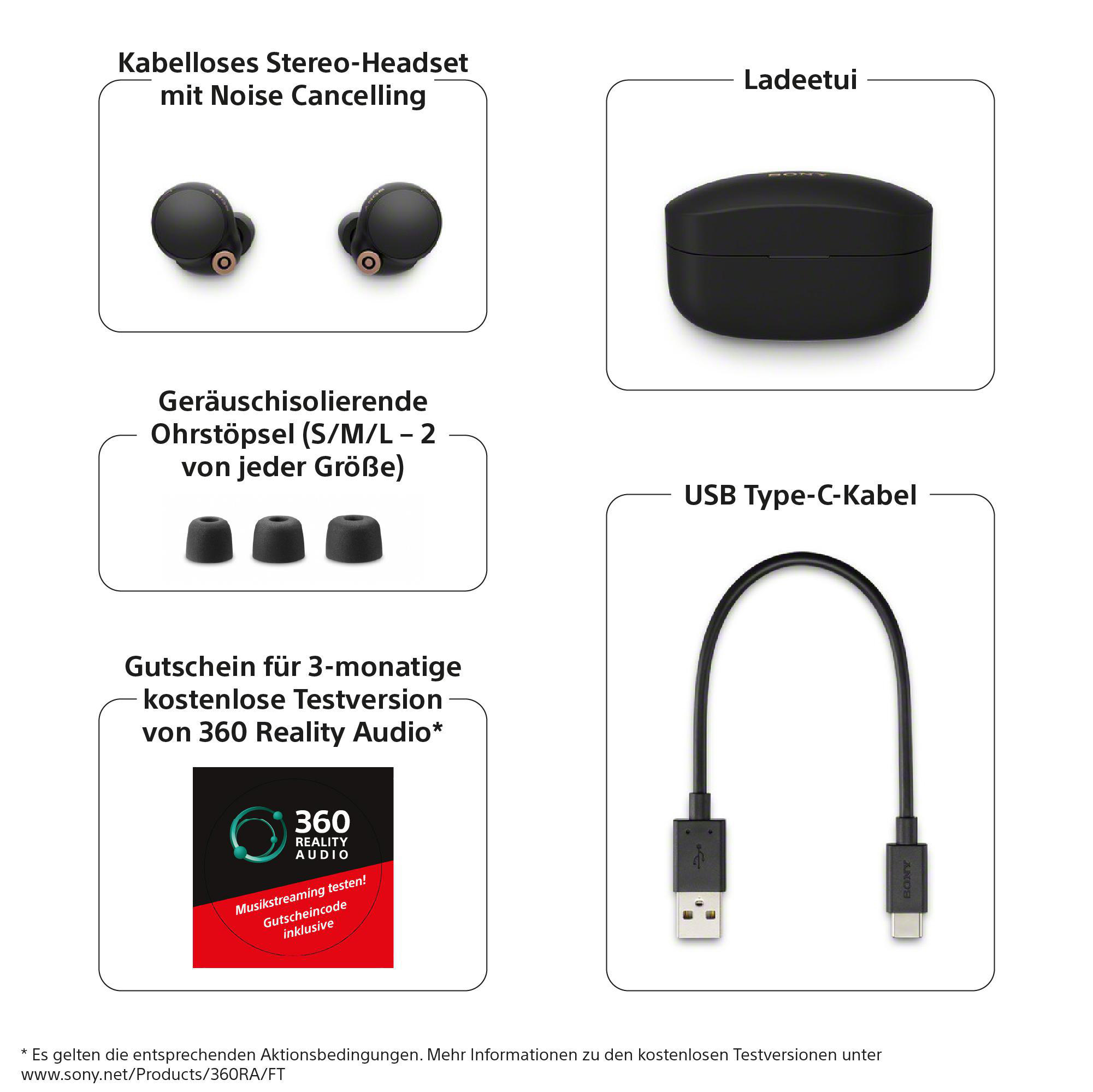 Produktset: Ohrhörer, Ladeetui, Ohrstöpsel und USB-Kabel. Weißer Hintergrund.
