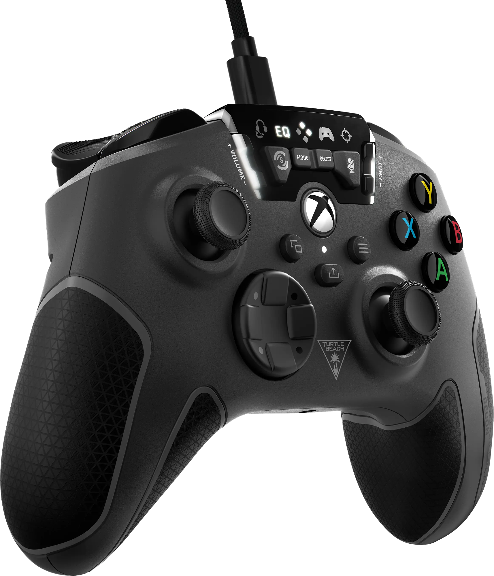Manette de jeu noire avec boutons, un cordon et une poignée texturée.