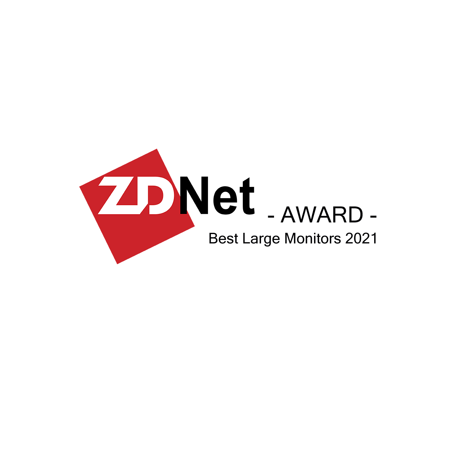 Logo del premio ZDNet Best Large Monitors 2021 con testo rosso e nero su sfondo bianco.
