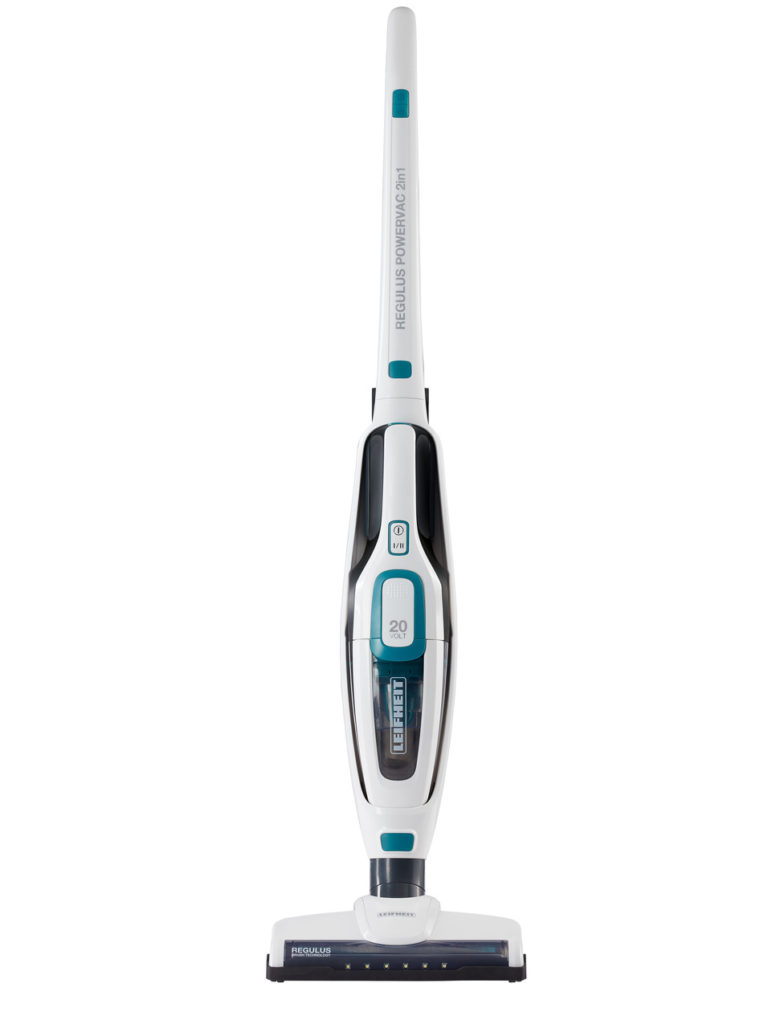 Aspirateur sans fil blanc et noir debout, isolé sur fond blanc.