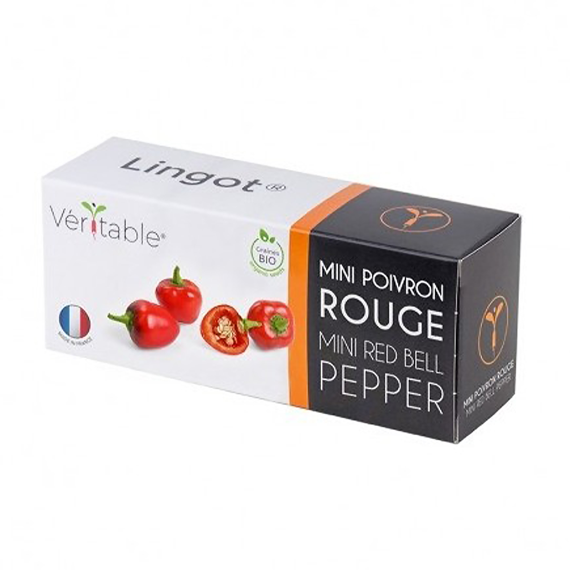 Scatola di peperoni rossi mini marca Lingot. Include bandiera francese ed etichetta BIO.