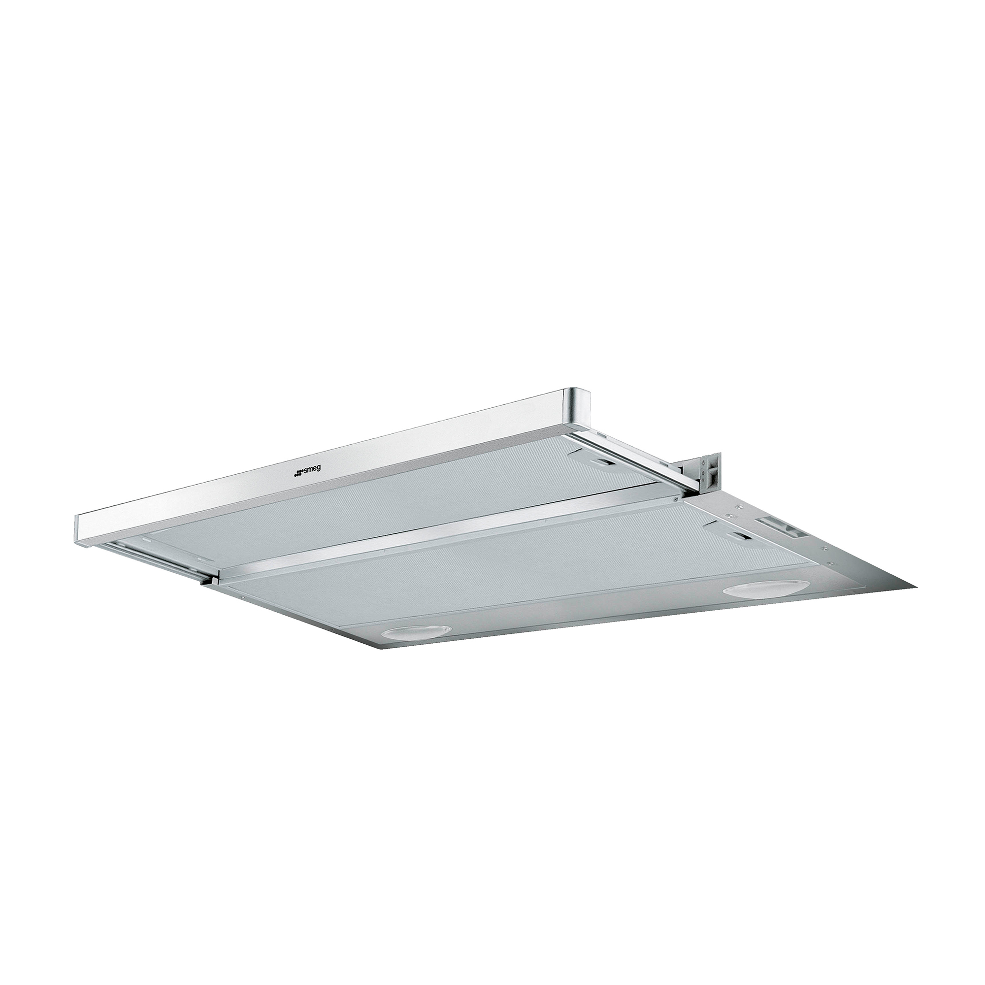 Cappa argentata, montata su un soffitto bianco, con due luci e un filtro a rete.