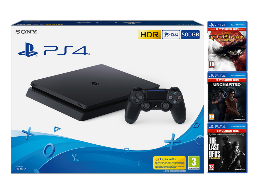 Consola - Sony PS4 Slim, 500 GB, Negro + God Of War 3 + Uncharted: El Legado Perdido + The Last Of Us