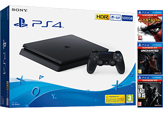 Consola - Sony PS4 Slim, 500 GB, Negro + God Of War 3 + Uncharted: El Legado Perdido + The Last Of Us