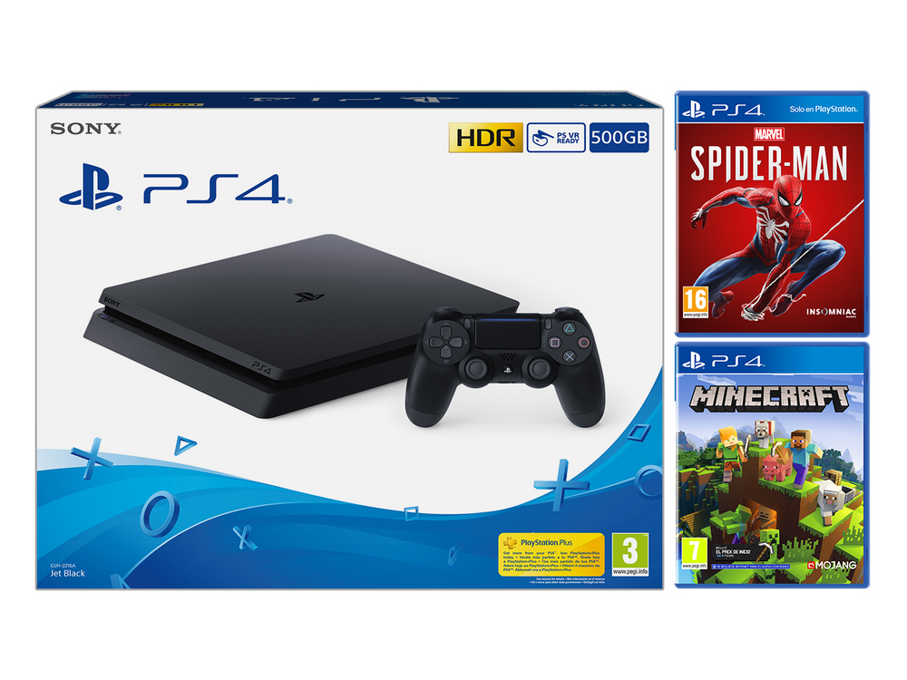 Consola - Sony PS4 Slim, 500 GB, Negro + Marvel's Spider-Man + Minecraft
