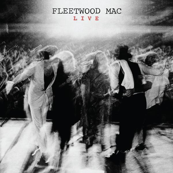 Fleetwood Mac 'Live'-Albumcover. Bandmitglieder verschwommen in Bewegung, Bühnenlichter. Schwarzweißbild.