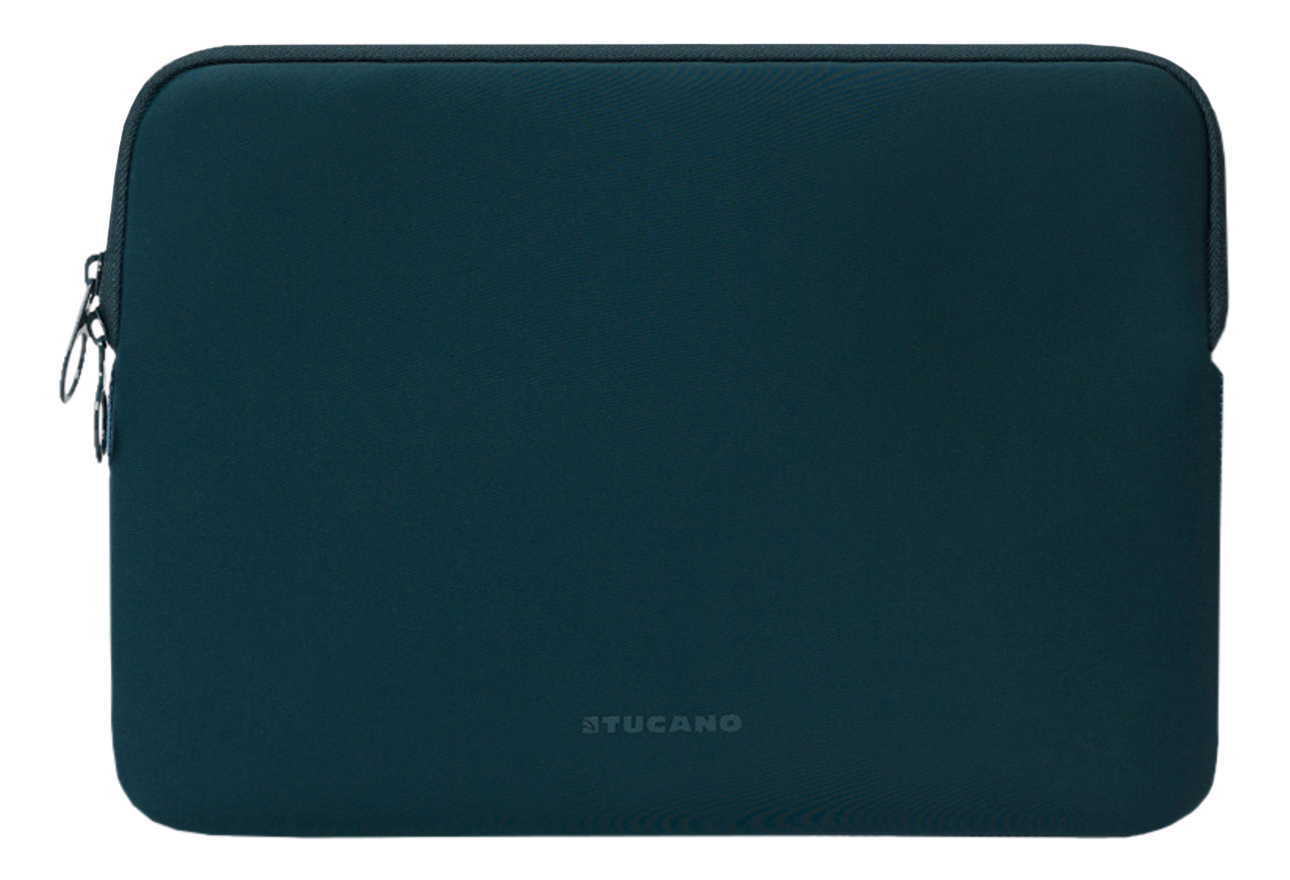 Una custodia per laptop verde acqua con cerniera e la parola 'TUCANO' in basso.