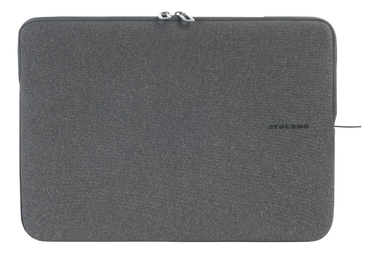 Housse grise pour ordinateur portable avec fermeture éclair et logo Tucano sur fond noir.