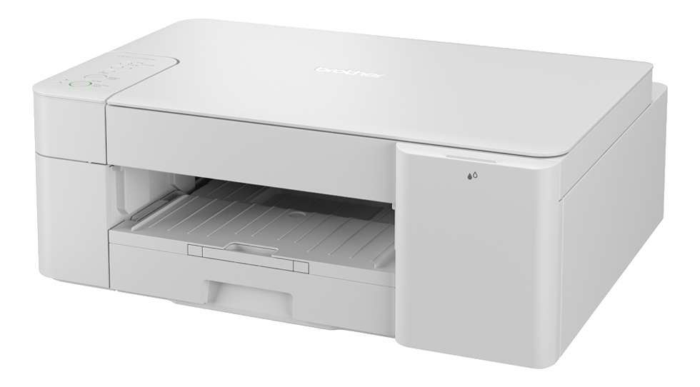 Weißer Drucker mit Papierschacht. Das Logo 'brother' ist oben aufgedruckt.