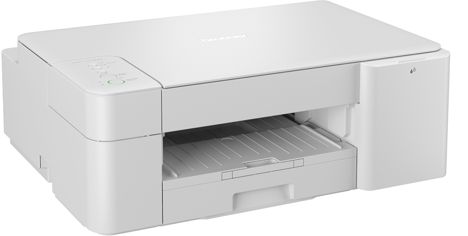 Ein weißer Brother-Drucker mit geöffnetem Papierfach und Bedienfeld mit grünen und orangen Lichtern.