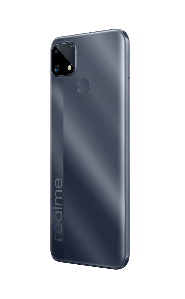 Koyu mavi Realme telefon, arka görünüm. Kamera ve parmak izi sensörü görünür. Beyaz zemin.