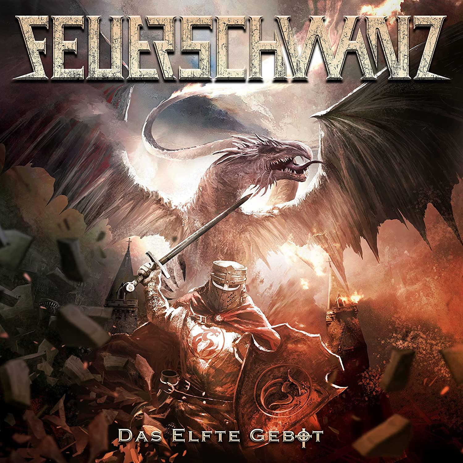 Albumcover mit Ritter, der gegen einen Drachen kämpft, mit Burg im Hintergrund.