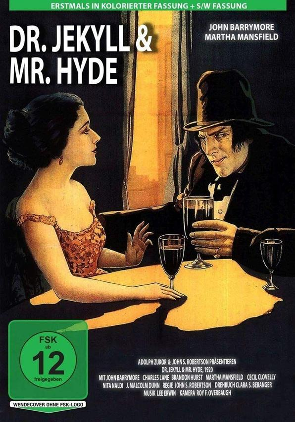 Filmcover für Dr. Jekyll & Mr. Hyde. Mann mit dunklem Haar und Frau an einem Tisch.