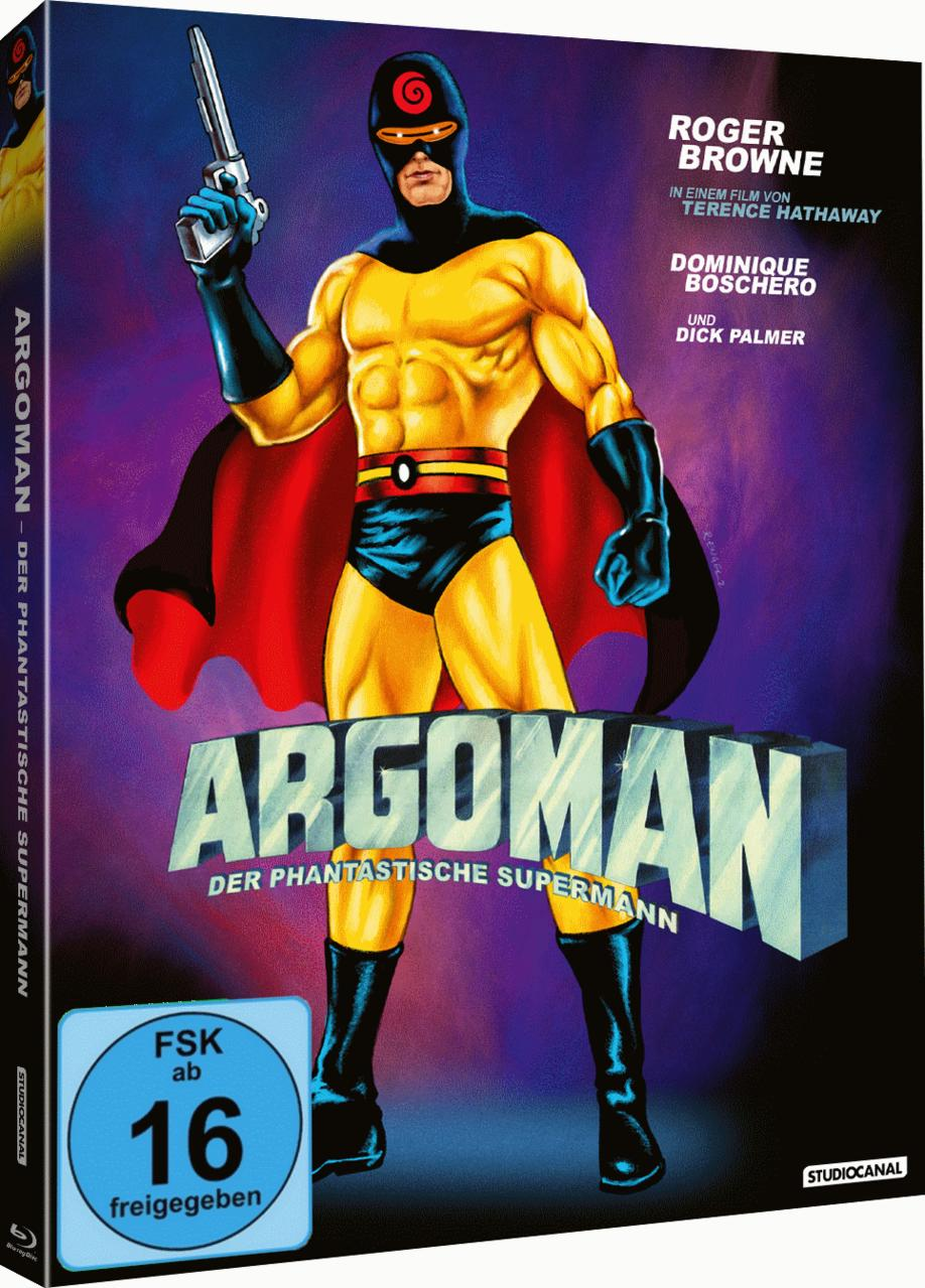 Filmcover: Argoman, Der fantastische Superman. Ein Superheld mit einer Pistole, in einem blauen Gehäuse.