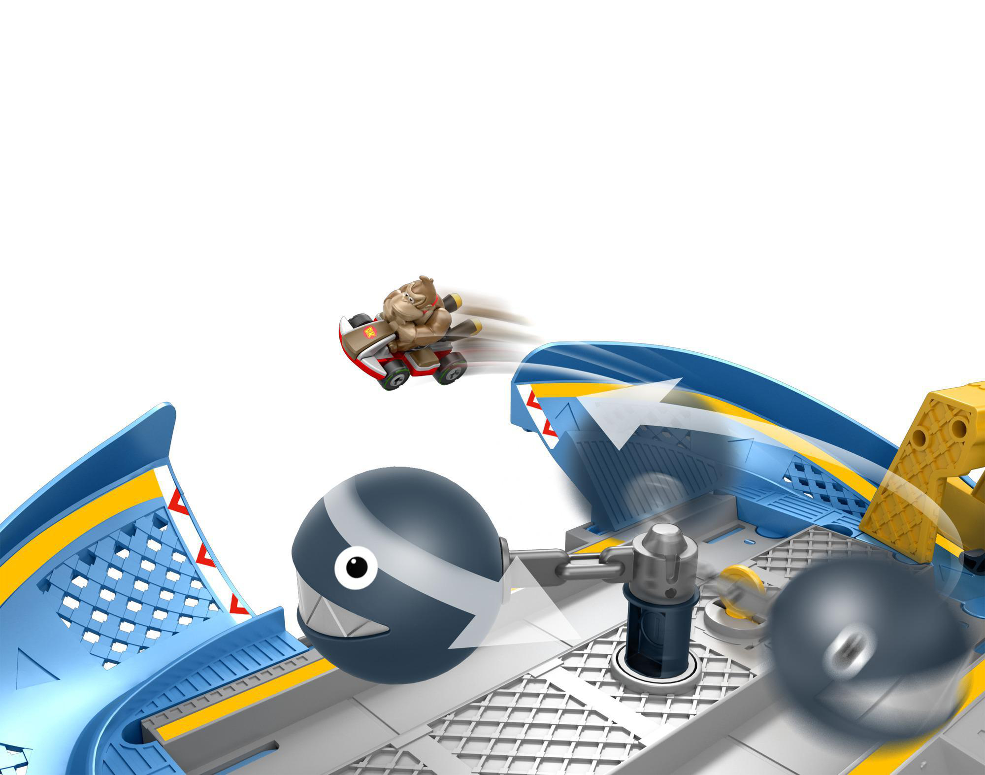 Eine Spielzeugrennstrecke mit einem von einem Gorilla gefahrenen Kart, einem Kettenchomp und blau-gelben Streckenelementen.