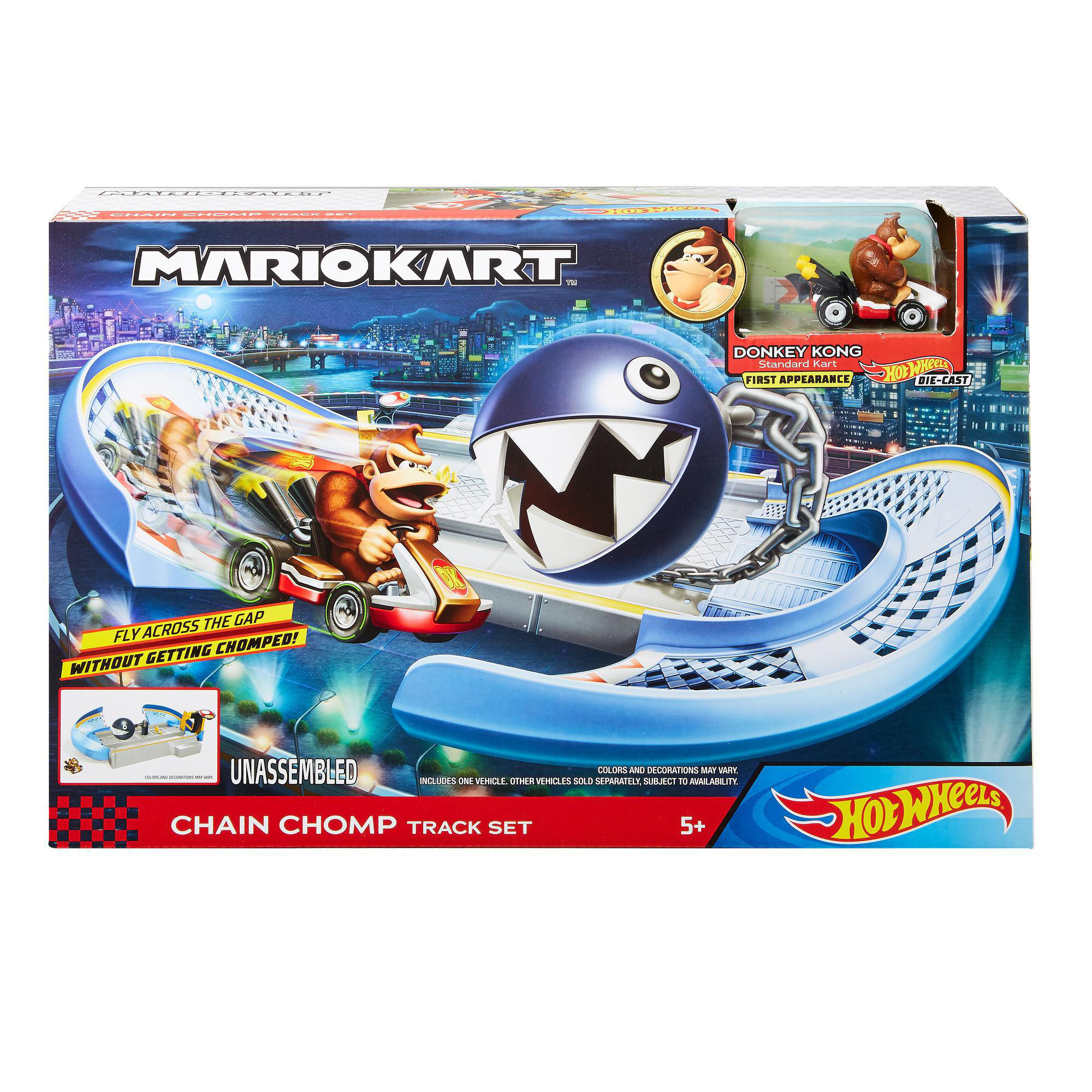 Schachtelkunst für ein Mario Kart Chain Chomp Streckenset mit Donkey Kong und einem Chain Chomp Hindernis. Das Set ist von Hot Wheels.