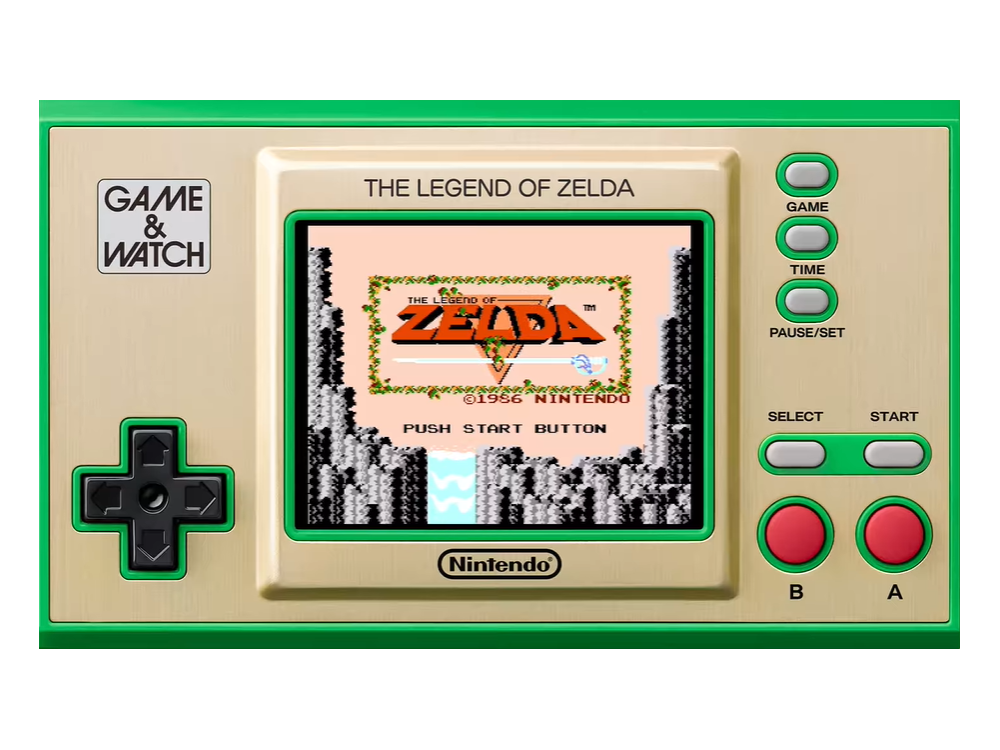 Una consola Game & Watch que muestra la pantalla de título del juego The Legend of Zelda.