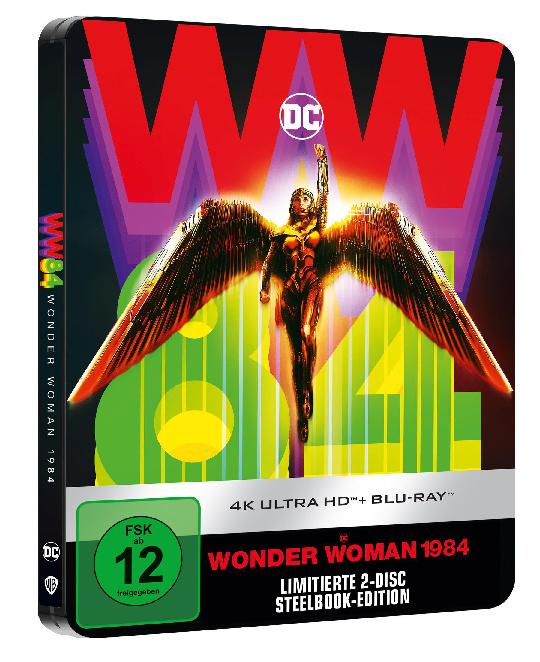 Wonder Woman 1984 Blu-ray Steelbook. Es hat den Filmtitel und das DC-Logo.