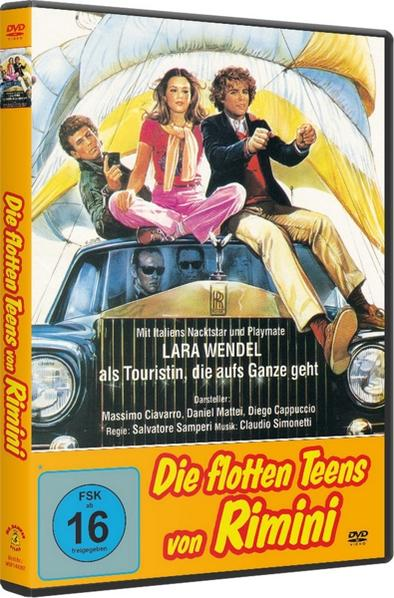 DVD-Cover. Drei Personen auf einem Auto. Der Titel ist Die flotten Teens von Rimini.