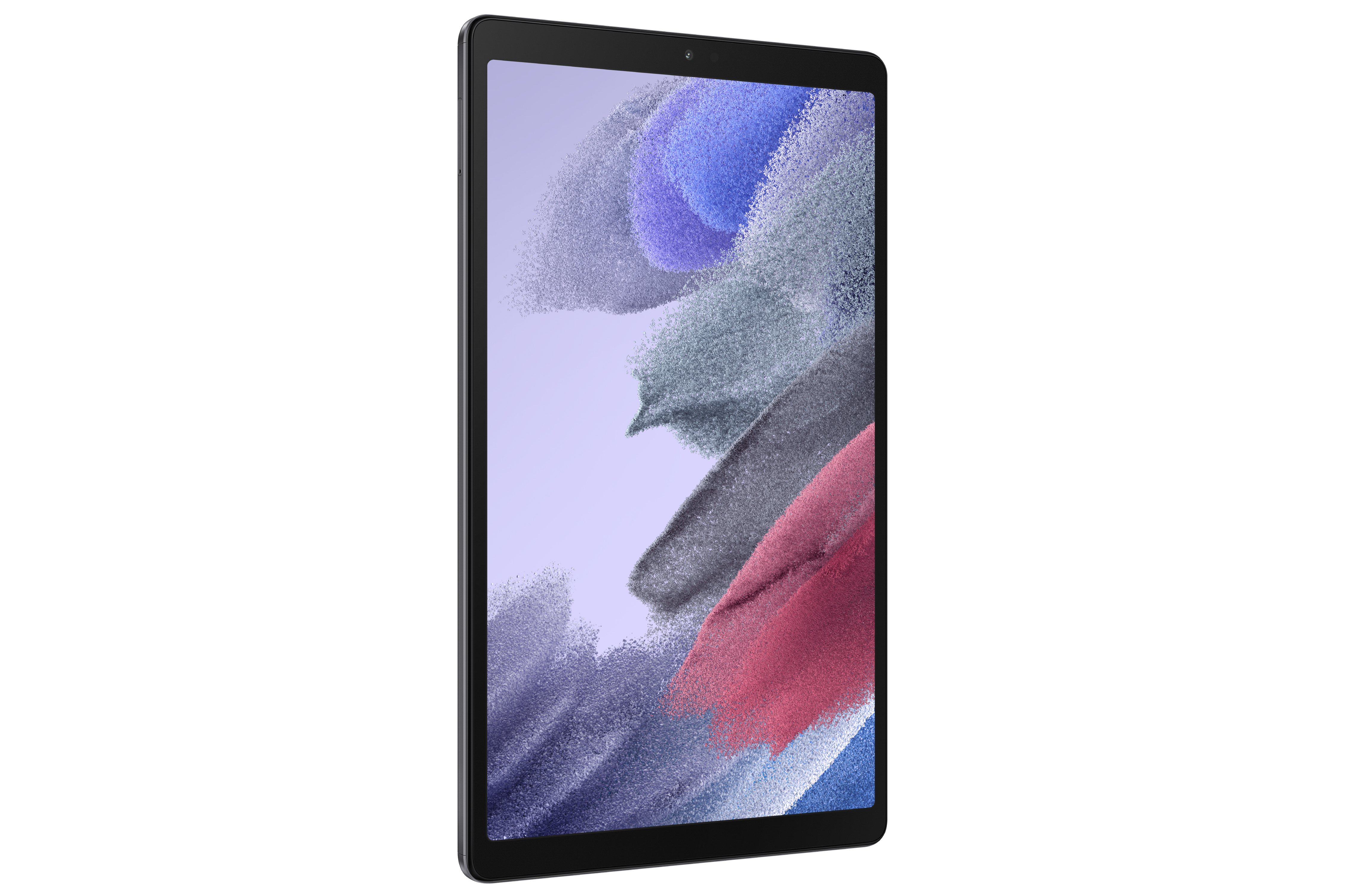 Beyaz bir arka plan üzerinde hafifçe açılı bir siyah tablet. Ekran, renkli soyut bir görüntü görüntüler.