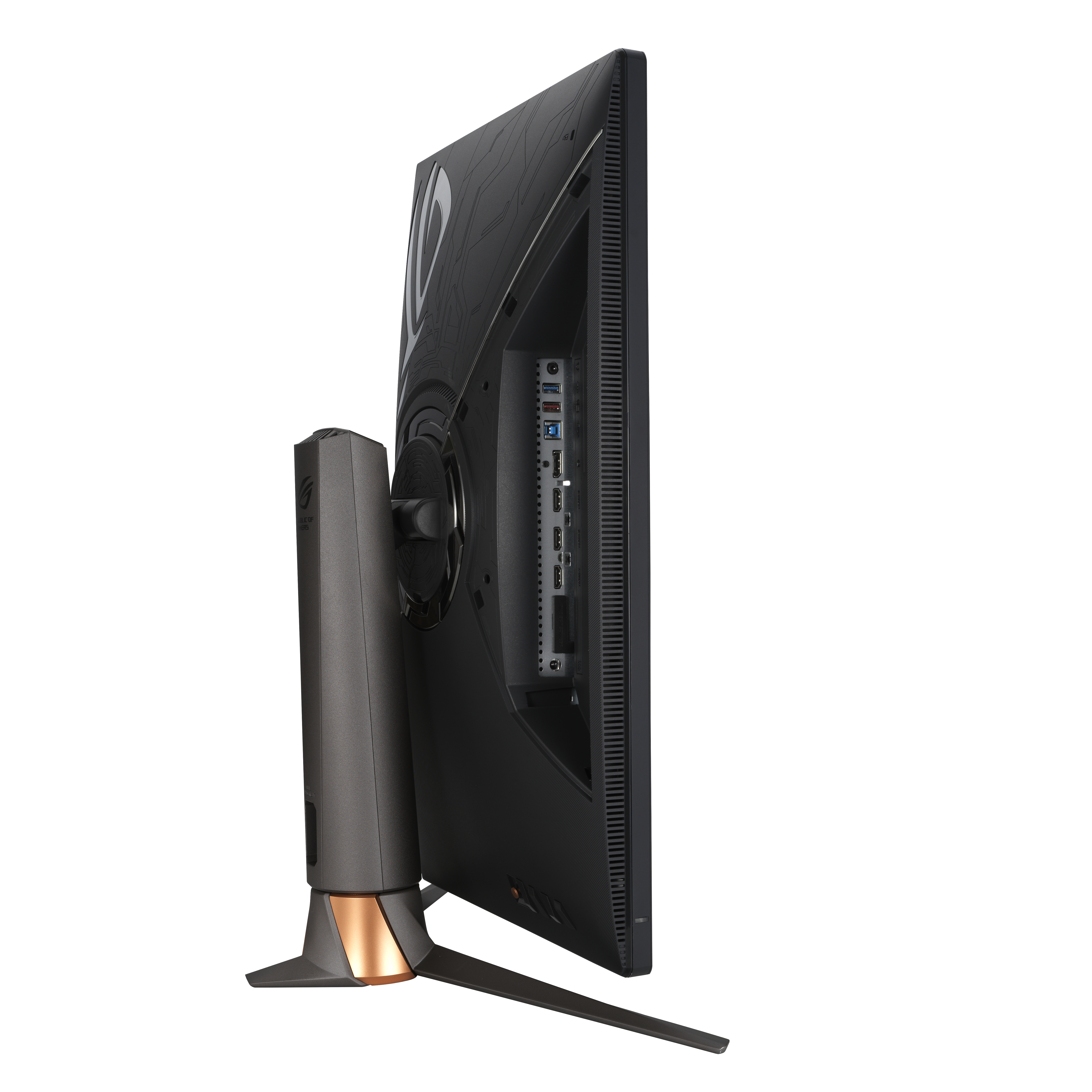 Seitenansicht eines Computermonitors. Er ist schwarz mit einem dunkelgrauen Ständer und Kupferdetails.