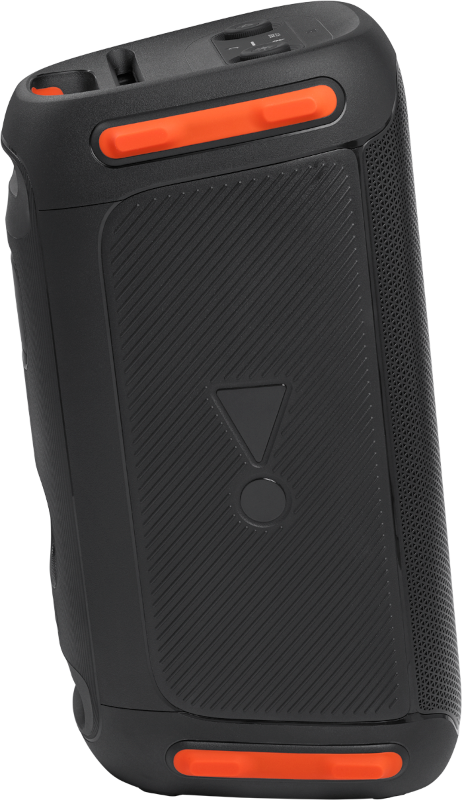Zwarte draagbare luidspreker met oranje accenten, zijaanzicht.
