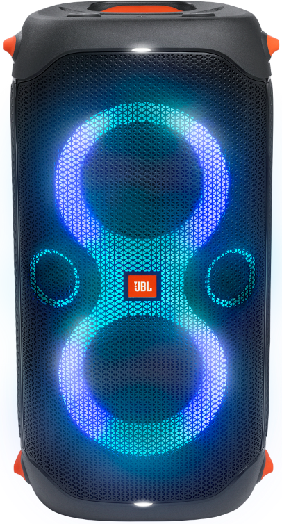 Zwarte JBL-luidspreker met blauwe en turquoise lichten, oranje accenten.