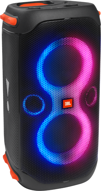 Zwarte JBL-luidspreker met kleurrijke lichten. Oranje accenten. JBL-logo zichtbaar.