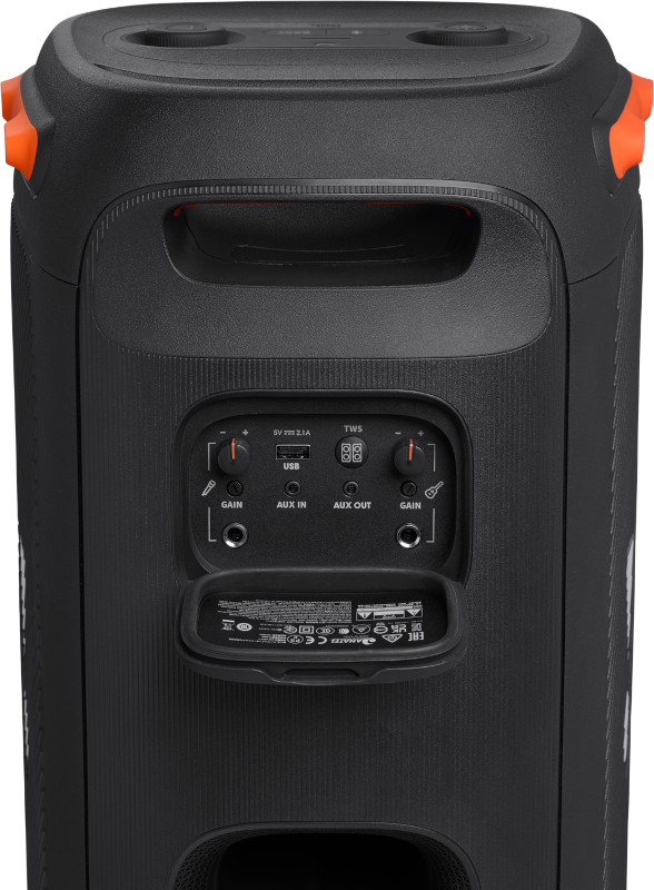 Achterkant van een JBL speaker. Toont het bedieningspaneel met knoppen en poorten.