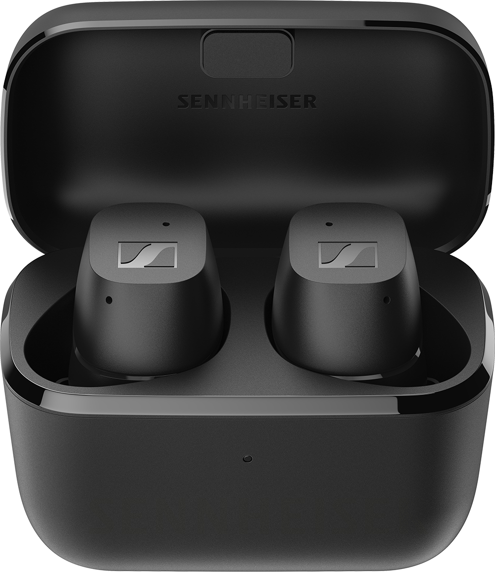 Zwarte oplaadcase met twee zwarte oordopjes erin. Sennheiser staat op de case.
